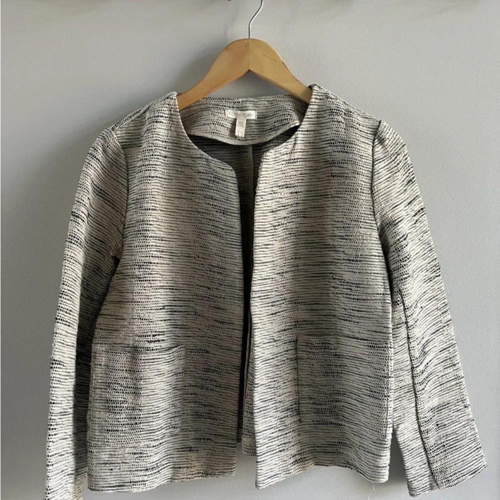 Eileen Fisher Handwoven Organic Cotton Furrows long sleeve open Blazer SZ Small